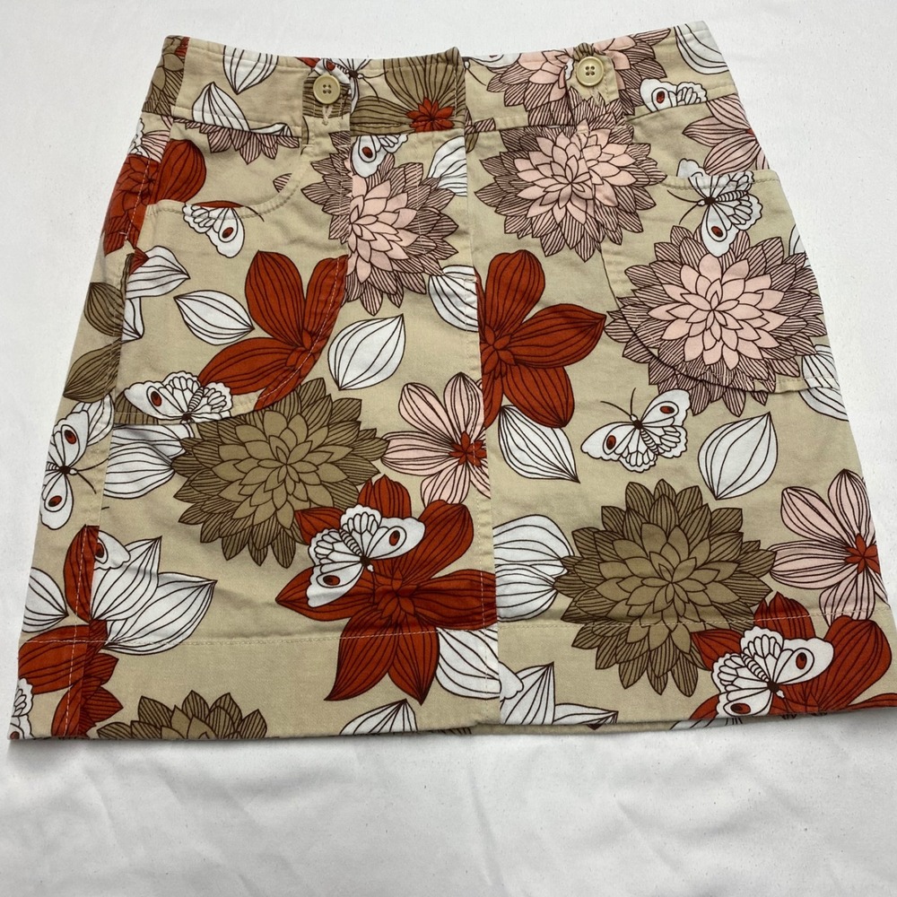 Ann Taylor Loft Floral Butterfly Mini Skirt Tan Orange Pink Cotton Stretch Sz 2